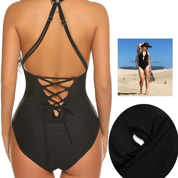 SHESHOW Deep Plunge Strappy Tied Ring Back One Piece Swimsuit Black - Picture 5 of 10
